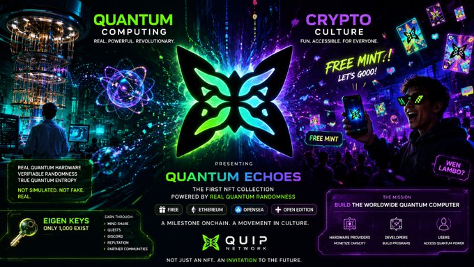 The image features a poster promoting Quantum Computing for the "Quantum Echoe Network" or "@quip". It includes an abstract depiction of a butterfly, surrounded by colorful sparks, along with the text about Quantum computing, crypto culture, real hardware, and the first collection of encryption methods. The main focus on the image is that it represents the core concept behind the @quip network: Quantum Echoe Network or "@quip". It suggests an interactive experience where users become a part of the project by learning more about Quantum computing and contributing to its development.