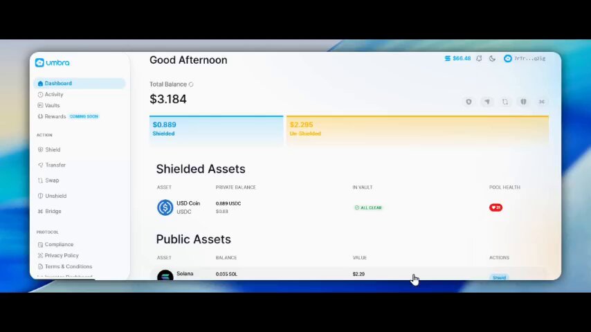 A screenshot of a smartphone screen displaying a desktop tab with information about the Umbra mobile wallet app and its features.