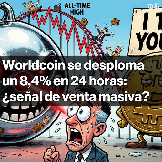 A cartoon-style illustration shows a panicked businessman sweating as a Bitcoin coin looms over him, with a roller coaster dropping from an "ALL-TIME HIGH" peak—visually representing Worldcoin's (WLD) 8.42% 24-hour crash to $0.470 and the breakdown below the $0.50 psychological support level mentioned in the post.