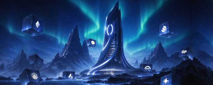 A futuristic sci-fi landscape featuring a large central spire building surrounded by floating metallic cubes with logos, set under a green aurora borealis night sky.