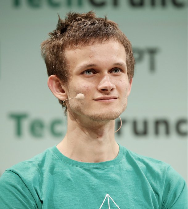 A young man with short brown hair and a headset microphone, wearing a teal shirt, is seen at a TechCrunch event. The post references Vitalik Buterin's announcement about Ethereum's major upcoming upgrade, with the image likely depicting the Ethereum co-founder himself.