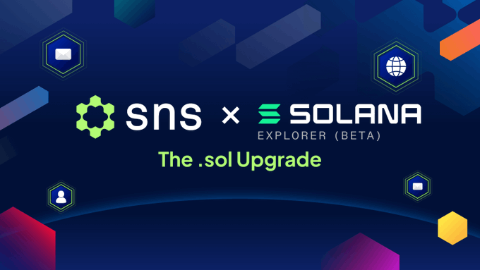 A promotional graphic featuring the SNS and Solana Explorer logos with the text 'The .sol Upgrade' on a blue background with hexagonal icons.