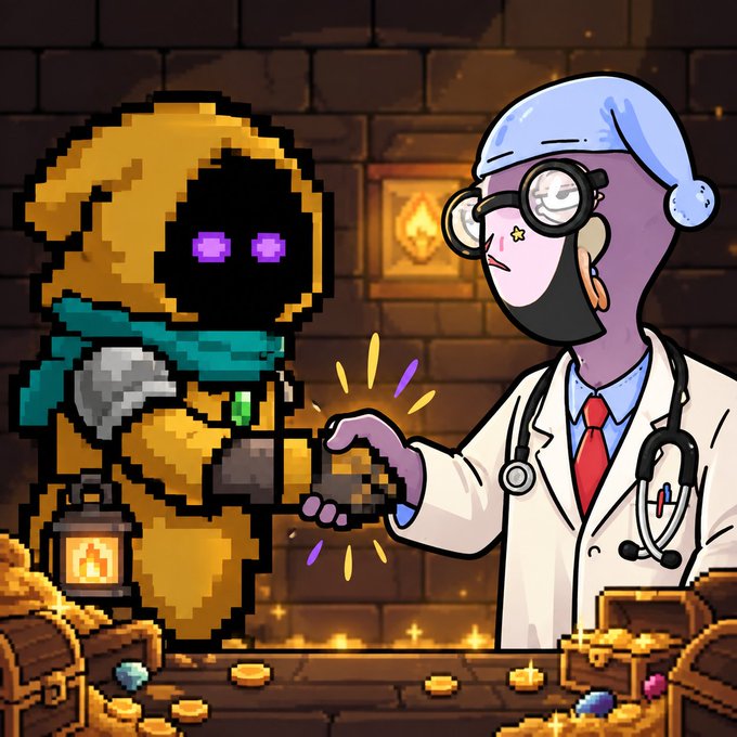 A pixel art style scene showing a doctor with glasses and a stethoscope handing a glowing item to a hooded figure with purple eyes, set in a treasure room with gold coins, a lantern, and a chest.