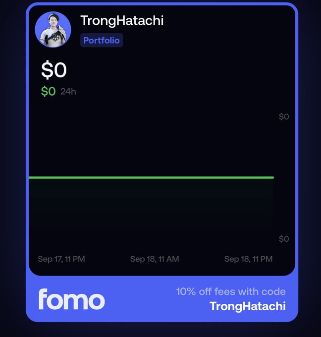 A portfolio dashboard for "TrongHatachi" on the "fomo" platform shows $0 value, with a promo code "TrongHatachi" for 10% off fees.