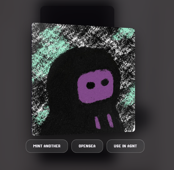 A digital artwork of a black shadowy figure with a purple skull face, displayed above buttons labeled 'MINT ANOTHER', 'OPENSEA', and 'USE IN AGNT'.