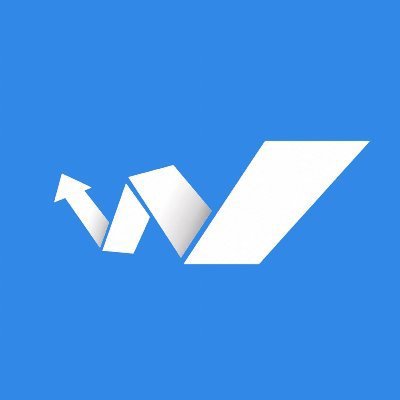 A simple white logo on a blue background featuring an upward arrow combined with stylized letter shapes resembling a rising chart or 'W'.