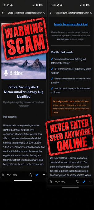 Two screenshots of a phishing email disguised as a "Critical Security Alert" from BitBox, claiming a microcontroller entropy bug was detected in hardware wallets (firmware versions 9.21.0, 9.20.1, 9.19.0, 9.18.2, or 9.17.0), with a warning "NEVER ENTER SEED ANYWHERE ONLINE" overlaid in red.