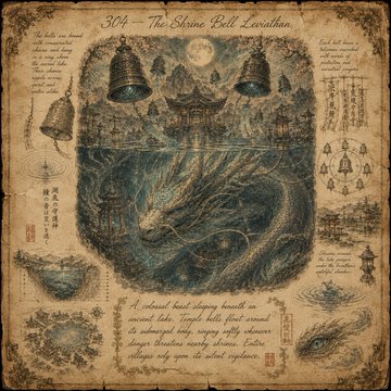 The image features an illustration of a dragon with two bells attached to its head, surrounded by water and mountains. The illustration also includes text that reads "3044 - The Shrine Bell Leitarian", which could be related to the story behind this illustration or possibly the title of the book it is part of.