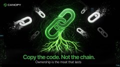 A dark-themed Canopy advertisement featuring a glowing green chain link with roots, reading 'Copy the code. Not the chain. Ownership is the moat that lasts.'