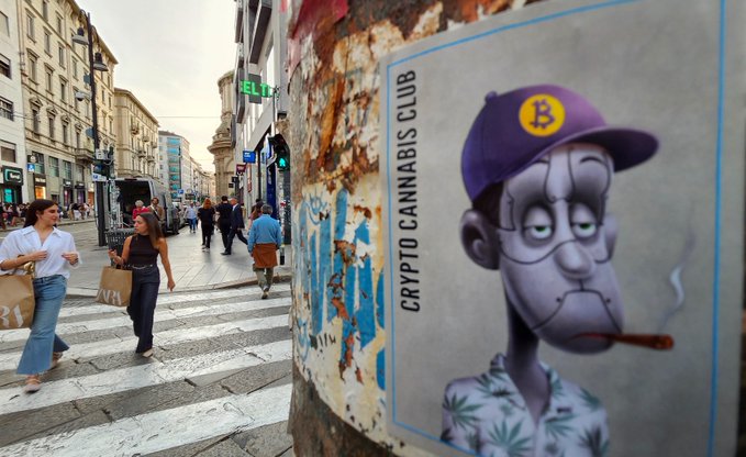 A street scene featuring pedestrians crossing a road, with a prominent poster on the right that reads "CRYPTO CANNABIS CLUB" and depicts a cartoon character wearing a hat with a Bitcoin symbol.