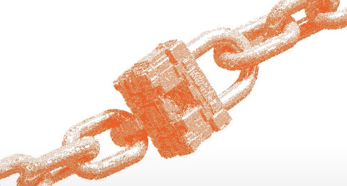 A pointillist-style orange illustration shows a chain with a padlock threaded through its links, symbolizing security and privacy. The image visually reinforces the post's theme of Miden as a privacy-focused blockchain, with the locked chain representing the locking and protection of on-chain data.