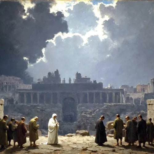 The image features a group of people standing around an old building, possibly a temple or ruins site. There are at least ten individuals visible in the scene, with some closer to the foreground and others further back. The sky above them appears cloudy, suggesting that they might be experiencing inclement weather conditions. In addition to these elements, there is also a painting of a woman depicted on the wall near the group of people.
