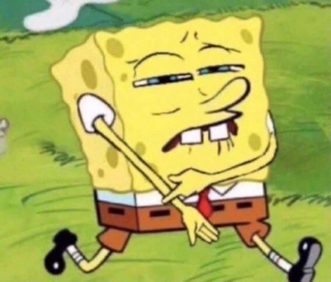 A SpongeBob SquarePants cartoon meme showing the character with a skeptical, side-eye expression and a sly grin.