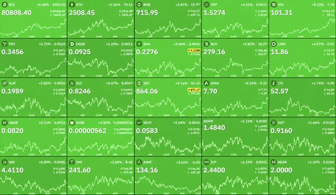 A green-themed dashboard displaying cryptocurrency price charts and tickers including BTC (80808.40), ETH (2508.45), BNB, XRP, SOL, TRX, DOGE, ADA, BCH, LINK, XLM, SUI, ZEC, AVAX, LTC, INHB, SHIB, WIF, DOT, UNI, TAO, AAVE, ICP, and NEAR.