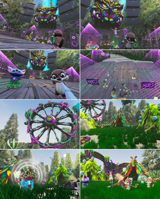 A collage of screenshots from a vibrant 3D animated video game featuring cartoon animals like otters and cats enjoying a colorful festival with stages, speakers, and decorated tents.