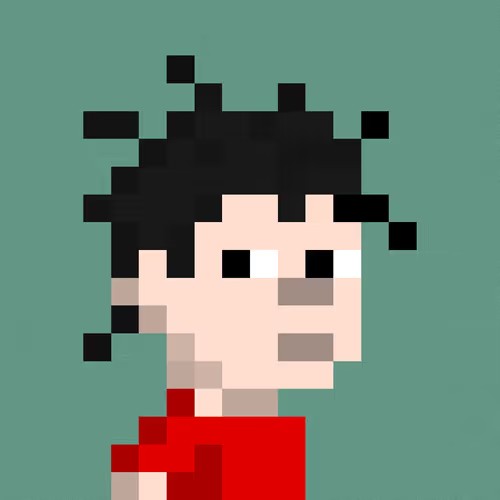 A pixel art portrait of a person with black hair wearing a red shirt against a teal background.