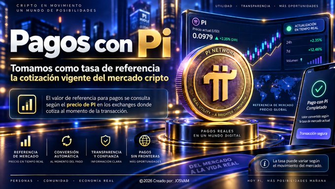 A promotional graphic in Spanish for 'Pagos con Pi' (Payments with Pi) cryptocurrency, displaying the current price at 0.0979 USD with a 2.25% daily increase, created by JOSVAM in 2026.