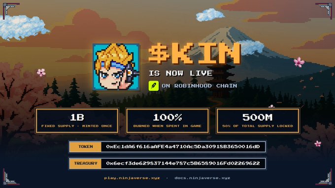 A promotional graphic for the $KIN token on Robinhood Chain features a pixelated blonde anime character with blue eyes and a blue headband, set against a pixel-art sunset mountain landscape with cherry blossoms. Key token details displayed include: a 1B fixed supply minted once, 100% burned when spent in-game, 500M (50% of total supply) locked, token address 0xEc1dA6f616aAFE4a47100c50a30918B3650016dD, and treasury address 0x6ecf3de629537144e757c5B6539016Fd02269622. The caption illustrates the "$KIN IS NOW LIVE ON ROBINHOOD CHAIN" announcement, visually supporting the post's breakdown of the Ninjaverse game token's core fundamentals.