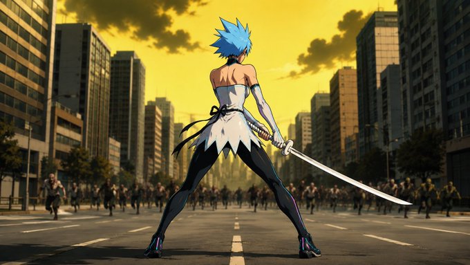 An anime-style image of a blue-haired warrior in a white top and dark pants holding a katana in a city street at sunset, facing a large crowd of people.