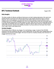 A BTC Technical Outlook document from August 28th showing a Bitcoin chart and analysis discussing bullish and bearish market conditions and a target range around $115,000.