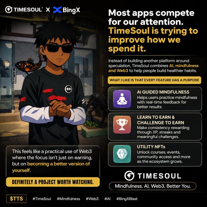 A promotional advertisement for TimeSoul (TIMESOUL x BingX collaboration) featuring an anime character, promoting AI-guided mindfulness, learn-to-earn features, and utility NFTs with the tagline 'Mindfulness. AI. Web3. Better You.'