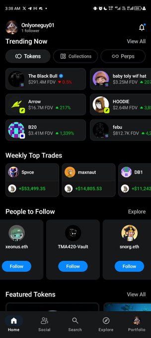 A crypto app screenshot showing a profile for 'Onlyoneguy01' with trending tokens including The Black Bull ($291.4M FDV), baby toly wif hat ($3.25M FDV), Arrow ($16.7M FDV), HOODIE ($2.64M FDV), B20 ($3.41M FDV), and febu ($812.7K FDV).