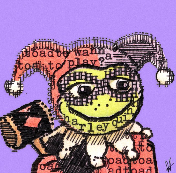 A mixed-media style artwork of a jester figure on a purple background, featuring a colorful hat with bells and a face overlaid with text and grid patterns.