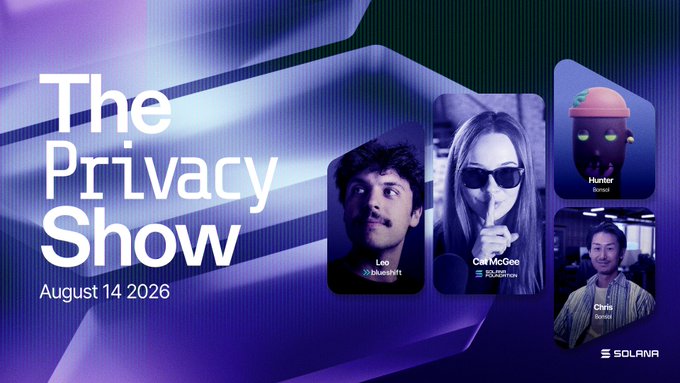 Promotional graphic for "The Privacy Show" dated August 14 2026, featuring Solana branding alongside headshots of panelists Leo (SolanaNFT), Cat McGee (SOL2024TV), Hunter, and Chris (Solana), tying to the post's announcement of a new episode on privacy hosted by Cat McGee with guests Leo (@L0STE_), Chris (@en_tropyc), and Chris (@SonOfFormosa).