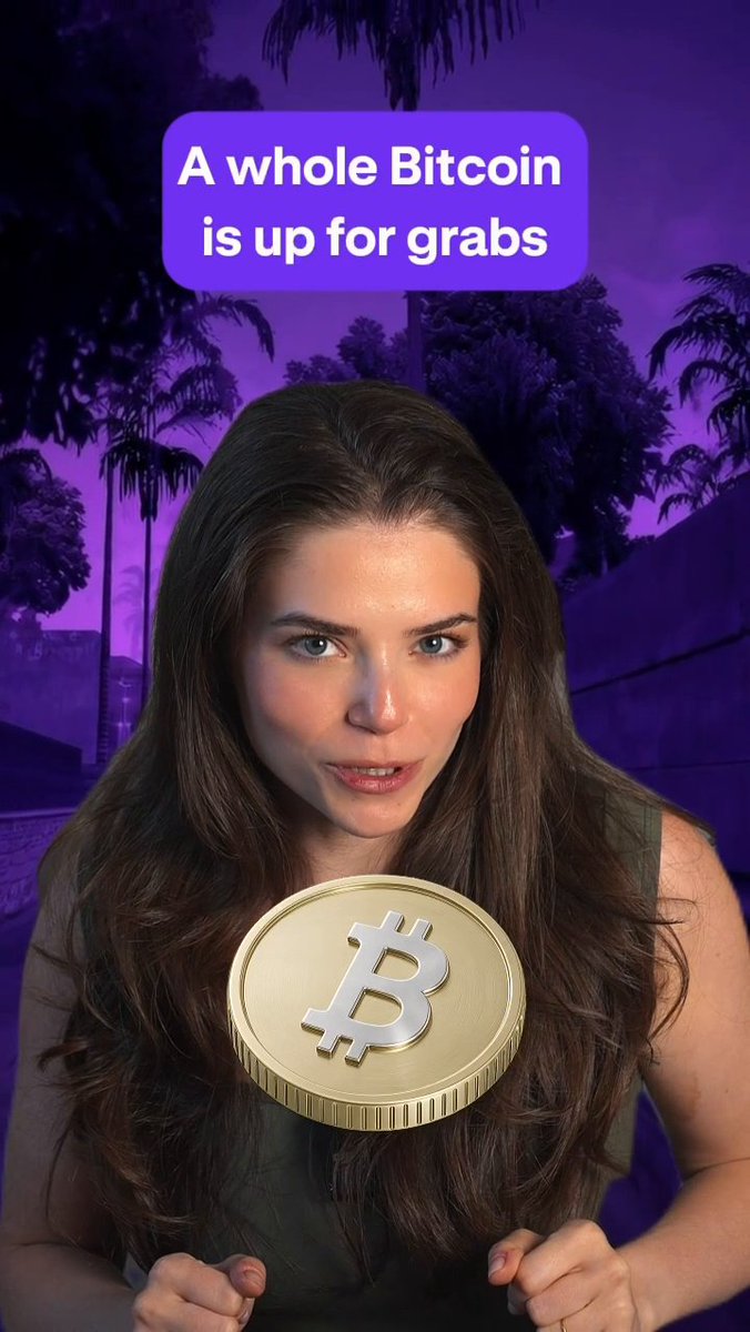 A woman holds a gold Bitcoin coin in front of a purple tropical backdrop, with a speech bubble above her reading "A whole Bitcoin is up for grabs"—promoting Kraken's FIFA World Cup 2026 sweepstakes where 106 total winners can earn BTC prizes.