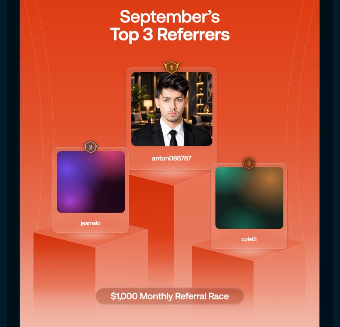 An orange graphic titled 'September's Top 3 Referrers' showing a $1,000 Monthly Referral Race podium with anton088787 in 1st, jeamalo in 2nd, and cole0l in 3rd.