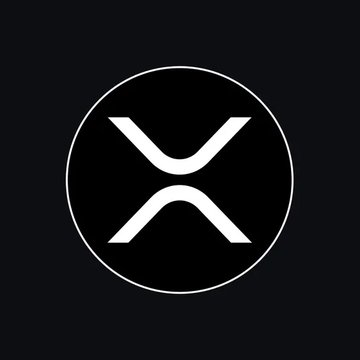 A black background with a white circle containing a stylized 'X' logo, which resembles the XRP cryptocurrency symbol.