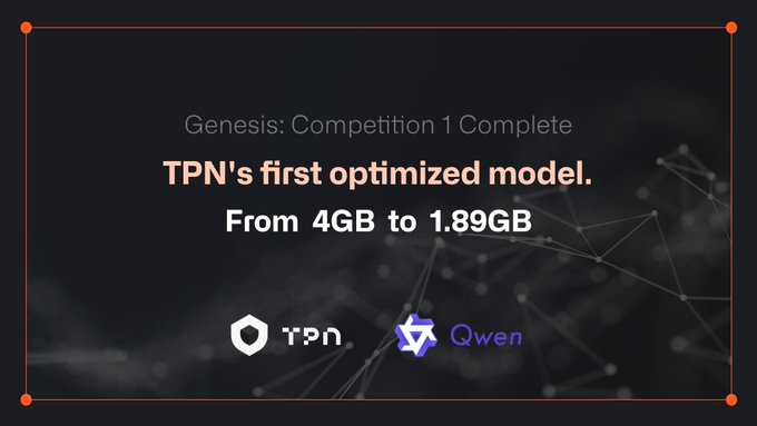 A dark announcement graphic reading 'Genesis: Competition 1 Complete' and 'TPN's first optimized model. From 4GB to 1.89GB', featuring logos for TPN and Qwen.