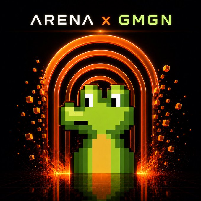 The image features a pixelated green alligator or crocodile character standing within glowing orange neon arches, with the text "ARENA x GMGN" displayed prominently at the top. This visually represents the partnership between Arena and GMGN.ai, symbolizing the integration of Arena's Robinhood Launchpad tokens onto the GMGN trading platform.