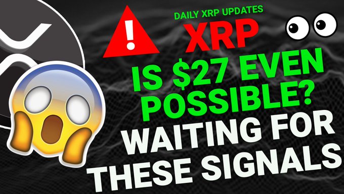 A thumbnail for a daily XRP update video titled "XRP IS $27 EVEN POSSIBLE? WAITING FOR THESE SIGNALS," featuring a shocked emoji and warning icon against a dark textured background, paired with a post reminding viewers that patience is key when investing in $XRP.