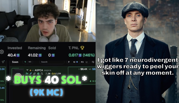 Split-screen image: left side shows a young man streaming with on-screen text 'Buys .40 SOL (9K MC)' alongside a trading interface; right side shows a man in a flat cap and suit with caption 'I got like 7 neurodivergent wiggers ready to peel your skin off at any moment.'