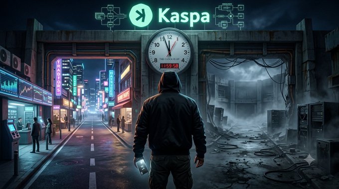 A digital illustration depicts a hooded figure standing at a crossroads between a vibrant, neon-lit futuristic city on the left and a destroyed, post-apocalyptic wasteland on the right, with a Kaspa logo and a digital clock overhead.