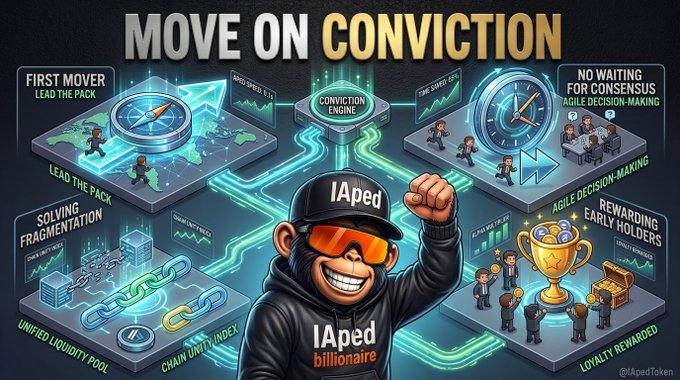 A promotional graphic for $IAPED featuring a cartoon monkey mascot wearing an "IAped billionaire" hat and shades, surrounded by six illustrated panels highlighting the project's pillars: "First Mover," "Solving Fragmentation" (unified liquidity pool), "Conviction Engine," "No Waiting for Consensus," "Rewarding Early Holders," and "Loyalty Rewarded." The bold header "MOVE ON CONVICTION" directly reflects the post's message about $IAPED acting decisively to solve early-stage liquidity fragmentation and reward first movers rather than waiting for market consensus.