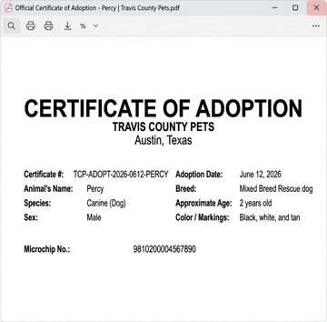 An official Certificate of Adoption document from Travis County Pets in Austin, Texas, dated June 12, 2026, for a 2-year-old male Mixed Breed Rescue dog named Percy with black, white, and tan markings.