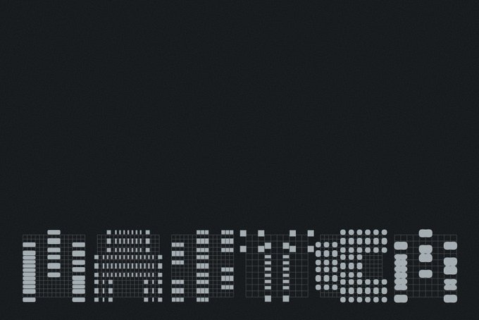 A grid-based typography graphic spelling out 'INTEGRATION' using various geometric shapes like bars, dots, and squares on a dark background.