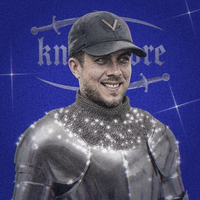 A digitally edited image showing a smiling man wearing a baseball cap and chainmail armor, with a sword graphic and partial text 'kn...re' visible on a blue background.
