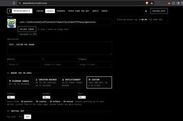 A screenshot displays the pump.fun website interface showing a token creation or bonding curve page on the Solana blockchain, with fields for 'TEST, CUSTOM FOR Grant'.