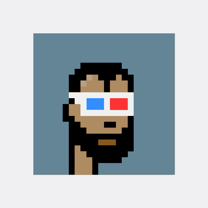 A pixel art portrait of a person with dark hair wearing 3D glasses (with red and blue lenses) against a light blue background.