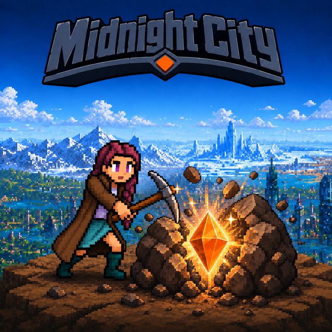 The pixel art promotional image features the title "Midnight City" prominently displayed at the top, with a character wielding a pickaxe about to strike a glowing orange crystal embedded in a rocky outcrop, set against a sprawling futuristic cityscape background, visually representing the game's mining profession and crystal-accumulating mechanics mentioned in the accompanying post about the Telegram game where players choose roles like Miners, Lumberjacks, or Hackers.