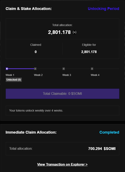 The image shows a Somnia ($SOMI) airdrop claim interface displaying a total allocation of 2,801.178 tokens with a 4-week unlocking period (currently at Week 1, Unlocked: 0), alongside an Immediate Claim Allocation of 700.294 $SOMI marked as Completed—representing the 20% immediate claim portion mentioned in the Season 5 airdrop announcement.