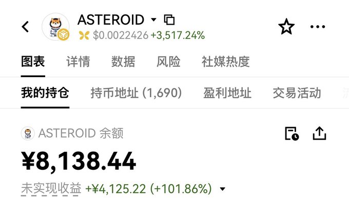 The image shows a crypto portfolio holding for the token "ASTEROID" with a balance of ¥8,138.44, showing an unrealized gain of +¥4,125.22 (+101.86%), while the token's price has surged +3,517.24% to $0.0022426. This relates to the post's caption about an "old OG" doubling their money on a token, contrasting with a former employee's CA (likely a different asset) that crashed.