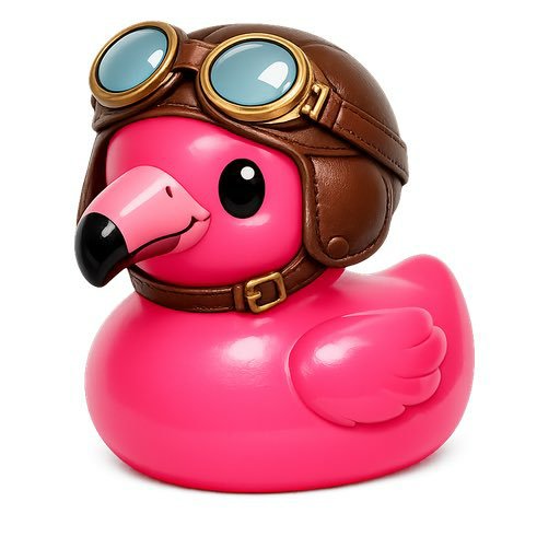 A bright pink rubber duck toy designed to look like an aviator, wearing a brown leather-style pilot cap with blue goggles.
