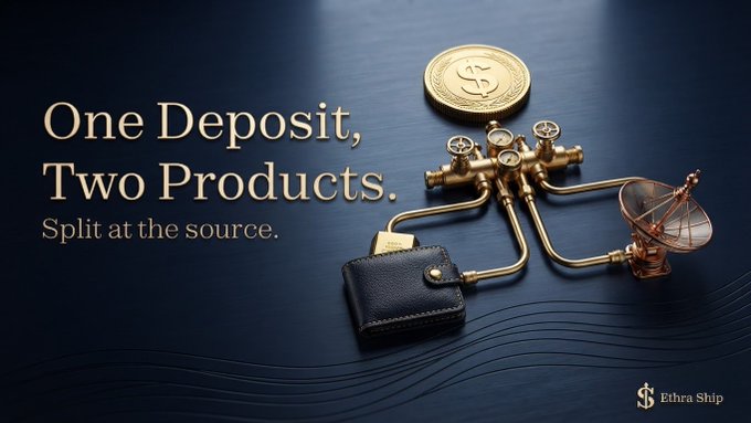 A sleek promotional graphic for Ethra Ship Harbor features a gold coin flowing through an ornate brass apparatus that splits into two outputs—a leather wallet and a maritime radar dish—illustrating the concept of a single deposit funding both personal yield and ocean data reliability. The image is captioned with the headline "One Deposit, Two Products. Split at the source." and branded with the Ethra Ship logo in the corner.