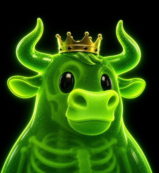 A glowing neon green 3D illustration of a cow or bull character wearing a golden crown with red gems against a black background.