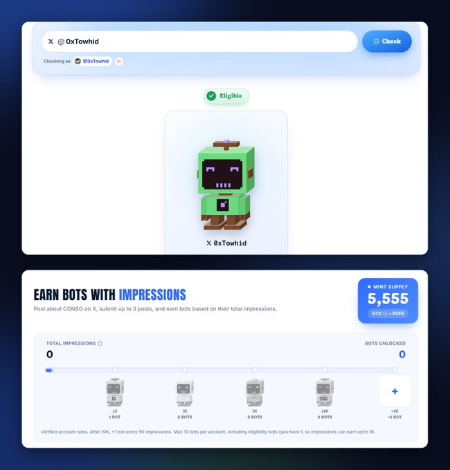 A dashboard screen shows an 'Eligible' green pixel-art robot avatar for the X user '@0xTowhid', under a section titled 'EARN BOTS WITH IMPRESSIONS' detailing a mint supply of '5,555' and a tiered progression from '1K 1 BOT' to '+5K +1 BOT'.