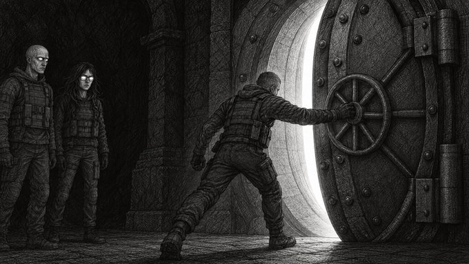 A man is shown pushing a heavy vault door open with significant effort while two armored guards watch, symbolizing the critical action and effort required from $WHUF auction buyers to claim their 85% price guarantee within the 7-day deadline before it permanently expires.
